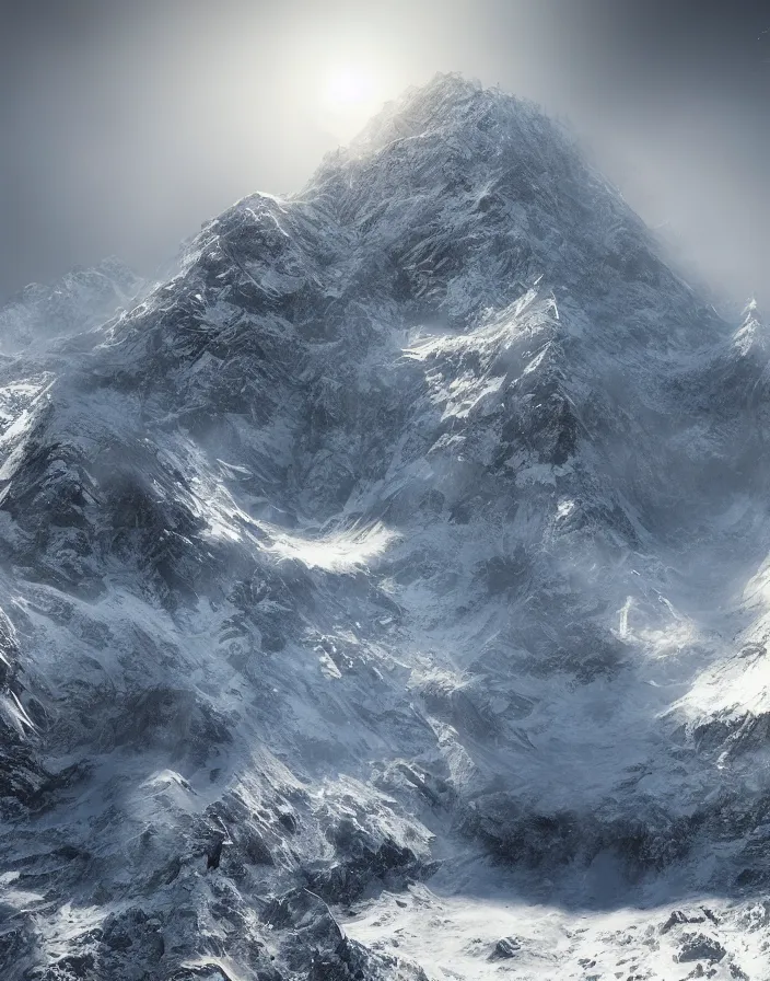 Prompt: epic mountain with snow by aaron westwood, concept art, trending on artstation, photorealistic, cinematographic, epic lighting,