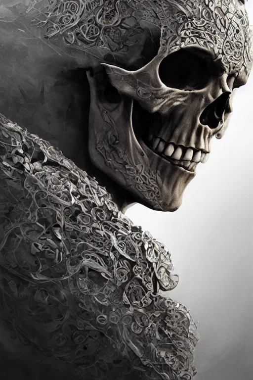 Image similar to skull, close - up portrait, powerfull, intricate, elegant, volumetric lighting, scenery, digital painting, highly detailed, artstation, sharp focus, illustration, concept art, ruan jia, steve mccurry