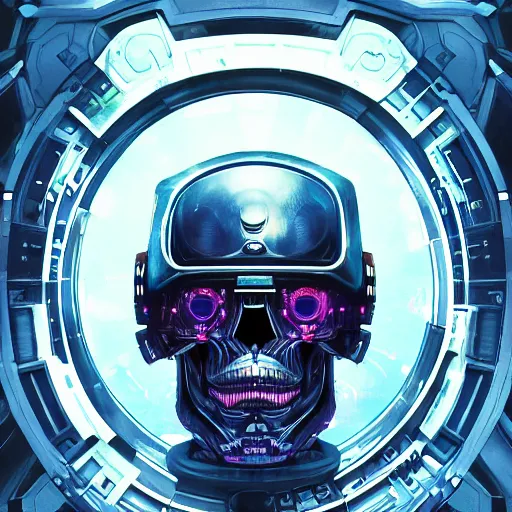 Image similar to portrait of a futuristic space pirate skull. VR helmet broken. sci-fi Iridium visor. intricate abstract. intricate spaceship decor. nightmare fuel. terrifying. warhammer 40k. Ghost in the Shell style, by Tooth Wu, Wlop, Beeple, Dan Mumford. octane render, trending on artstation, Greg Rutkowski very coherent symmetrical artwork. cinematic, hyper realism, high detail, octane render, 8k, iridescent accents, black and white