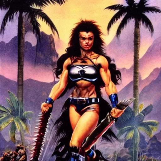 Prompt: Muscular ultraviolent woman, wild spiky black hair, electrified hair, chrome armor, black spandex, holding jagged scimitar, palm trees, red sky, destroyed mountains, chrome military base, 1987 video game boxart, drawn by Frank Frazetta, pulp art, hyper-detailed