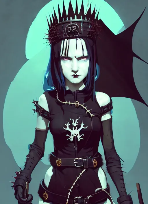 Prompt: cute goth maiden girl with crown of thorns and white short hairs, dressed in leather belts, warhammer, cyberpunk, by atey ghailan, by greg rutkowski, by greg tocchini, by james gilleard, by joe gb fenton, by kaethe butcher, dynamic lighting, gradient light blue, brown, blonde cream and white color in scheme, grunge aesthetic