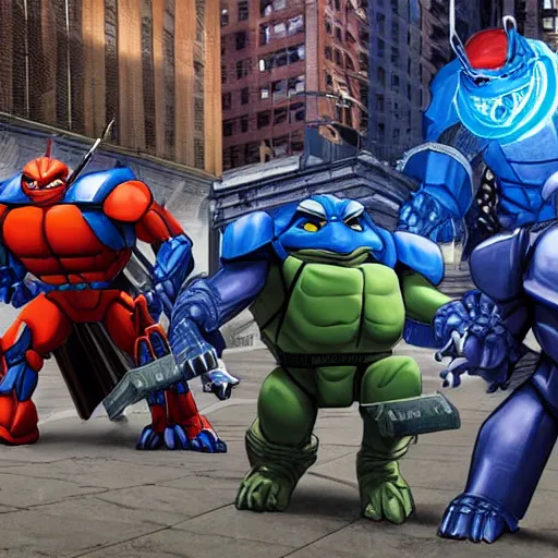 Image similar to optimus prime fights the teenage mutant ninja turtles in NYC, 4K, intricate detail,