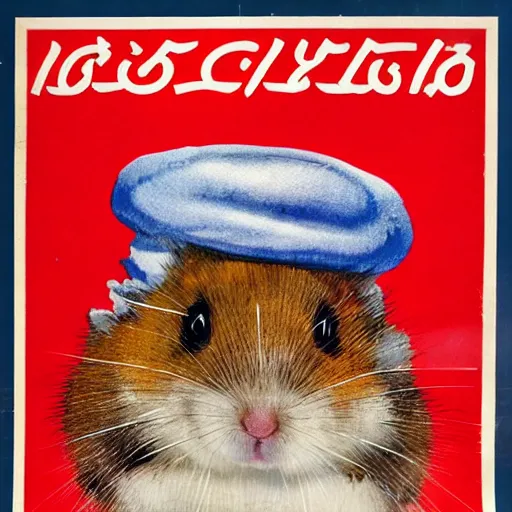 Image similar to a soviet union propaganda poster of a roborovski hamster in a winter hat, detailed, smooth, old, crinkled, red and white colors