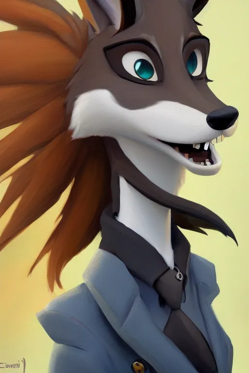 Prompt: oil painting of anthromorphic female wolf, in style of cory loftis, female fursona, furry, furaffinity, 4 k, deviantart, furry art, fursona art, wearing black business suit, business suit, in style of zootopia, wolf fursona, cyberpunk, female, female wolf face, very expressive detailed feminine face,