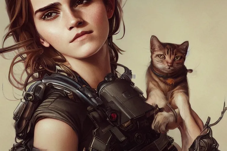 Prompt: Ultra realistic illustration, Emma Watson and cat, cyberpunk, sci-fi, intricate, elegant, highly detailed, digital painting, artstation, concept art, smooth, sharp focus, illustration, art by artgerm and greg rutkowski and alphonse mucha