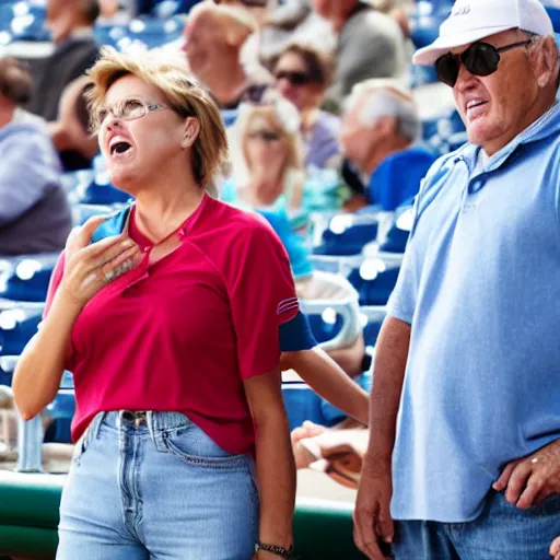 Prompt: a middle aged couple arguing at a baseball game.