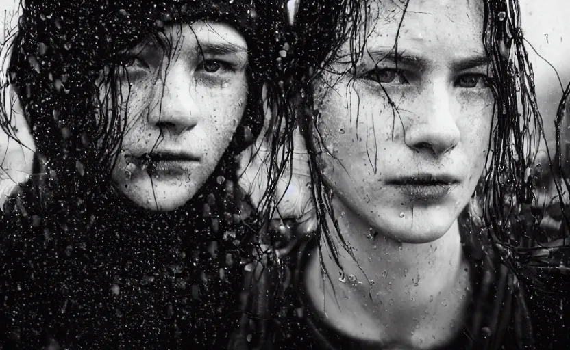 Image similar to cinestill 5 0 d candid photographic portrait by christopher nolan of two loving female androids wearing rugged black mesh techwear in treacherous waters, extreme closeup, modern cyberpunk moody emotional cinematic, pouring rain, 8 k, hd, high resolution, 3 5 mm, f / 3 2, ultra realistic faces, ex machina