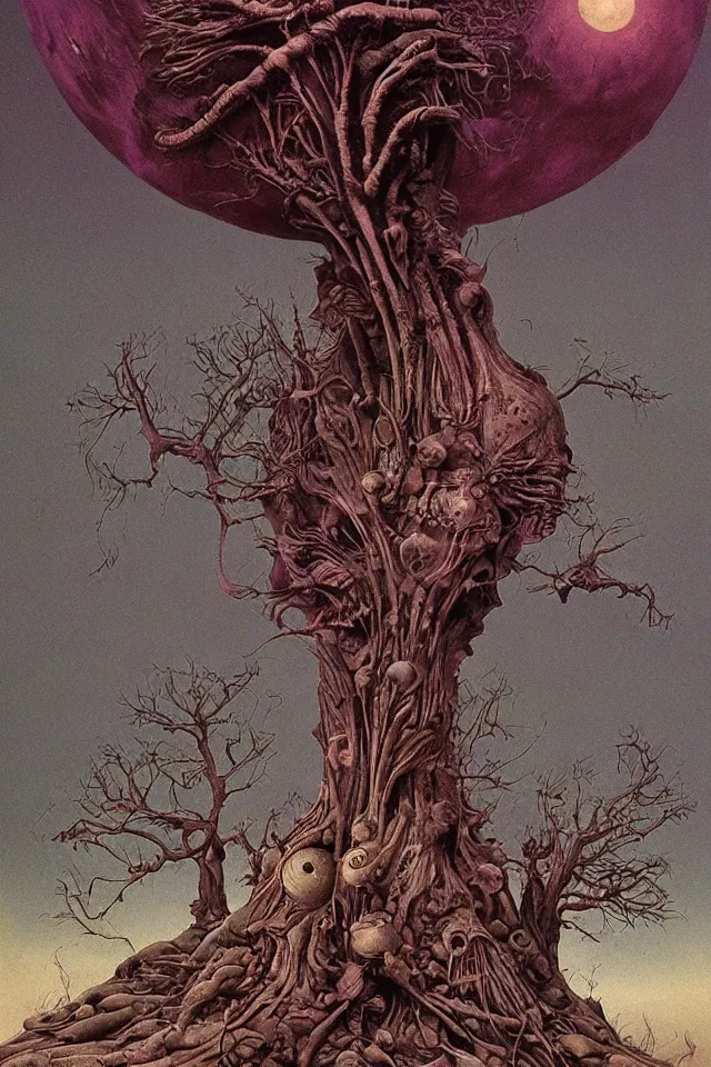 Image similar to an incredible illustration morning on a beautiful alien planet with strange trees and flowers, by hr giger, richard corben, zdzisław beksinski, moebius, hieronymus bosch and francis bacon, trending on artstation, highly detailed