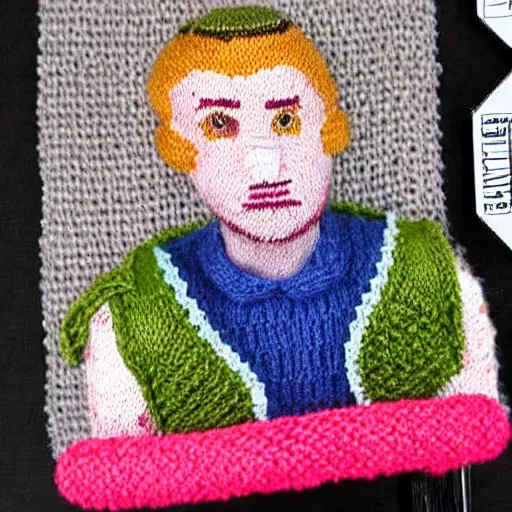 Image similar to Knitted from yarn Ryan Gosling is sitting on a rocking chair, realism, proportions,