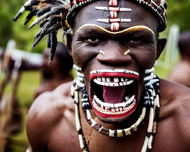 Prompt: zulu tribal warrior made out of teeth, american in a cage