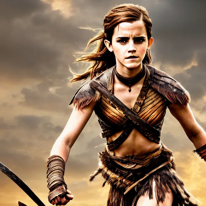 Prompt: full length photo of emma watson as an amazon warrior, highly detailed, 4 k, hdr, smooth, sharp focus, high resolution, award - winning photo