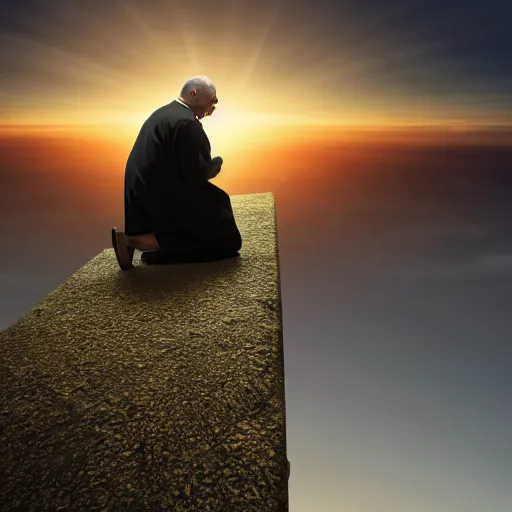 Image similar to An old and friendly looking catholic priest kneeled in prayer at the summit of a tall tower. The night sky is filled with a yellow shadow. 4K, photorealistic, dramatic lighting