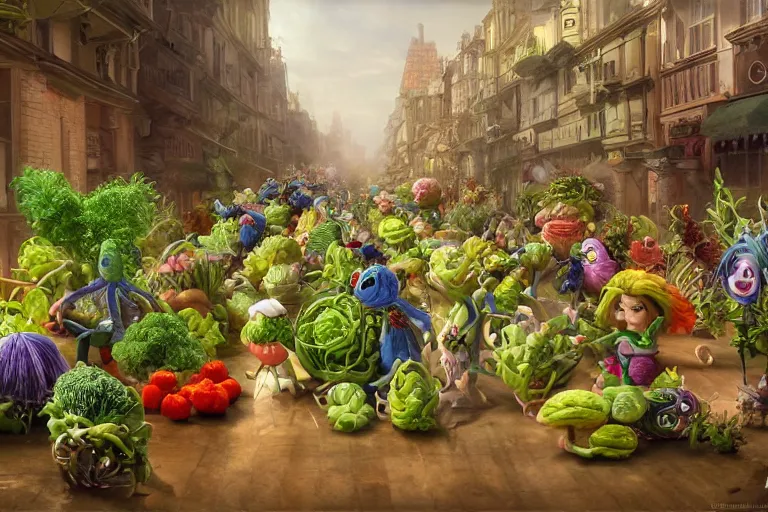 Image similar to miniature vegetable creatures parade. the floor is a cutting board. a kitchen in the background. digital art, realistic, pixar style, highly detailed, cinematic, matte painting, vivid colors, realistic, epic, low angle, lighting, by greg rutkowski and artgerm and alphonse mucha