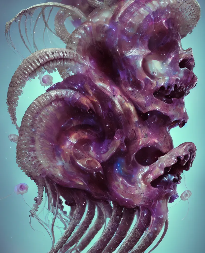 Image similar to goddess close-up portrait ram skull. jellyfish phoenix head, nautilus, orchid, skull, betta fish, bioluminiscent creatures, intricate artwork by Tooth Wu and wlop and beeple. octane render, trending on artstation, greg rutkowski very coherent symmetrical artwork. cinematic, hyper realism, high detail, octane render, 8k