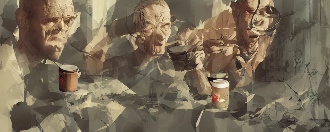 Prompt: duotone olive illustration 3 / 4 portrait of gollum drinking cup of tea like an english lord, symmetrical composition accidental renaissance golden ratio. by sachin teng and sergey kolesov and ruan jia and heng z. graffiti art, scifi, fantasy, hyper detailed. octane render. concept art. trending on artstation
