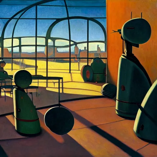 Image similar to brutalist robots queue inside a dome, pj crook, grant wood, edward hopper, syd mead, chiaroscuro, oil on canvas