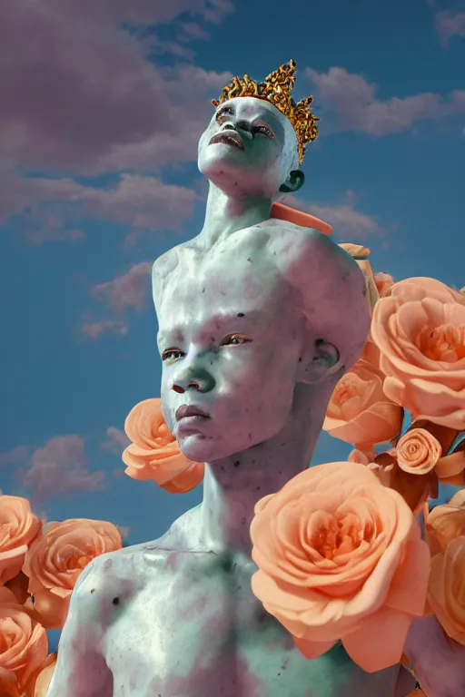 Image similar to milky quartz statue of a beautiful basquiat wearing a crown full of peach roses and reaching to the sky. rococo style decorations, background heavenly sky, marble columns, Trending on artstation. halo. octane render, cinematic, hyper realism, octane render, 8k, depth of field, 3D