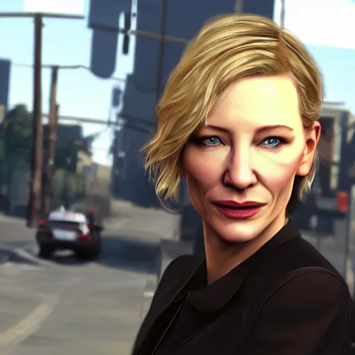 Image similar to concept art of cate blanchett in grand theft auto V, gaming, detailed, 4k