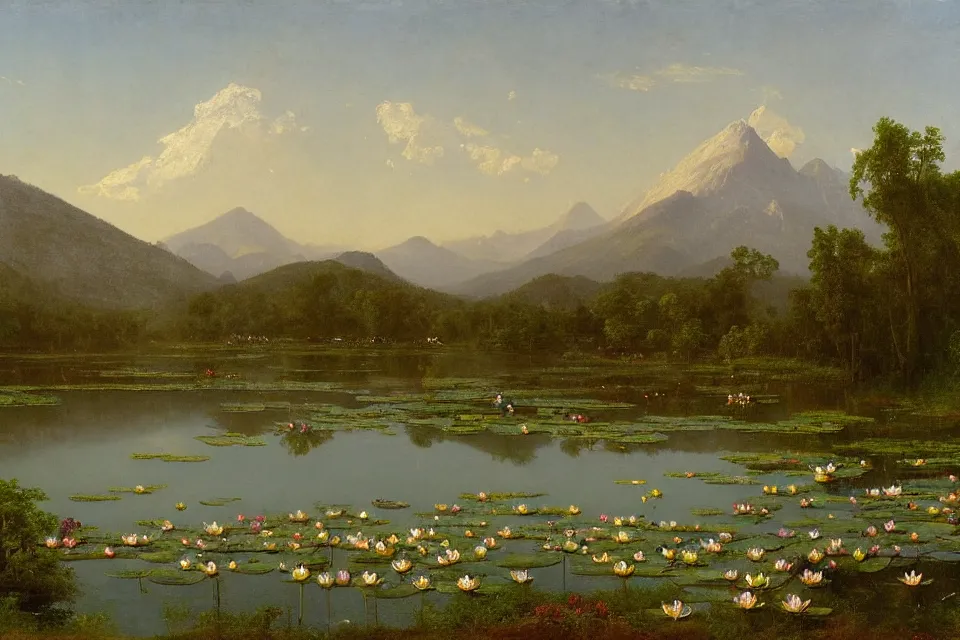 Prompt: alpine pond with water lilies, a single blooming gigantic lotus flower, and simple flat roof shacks in the background, a single lily pond under hazy mountains, landscape painting by Albert Bierstadt and Frederic Edwin Church. Hudson river school monumental landscape painting, view from above, wikimedia commons full resolution