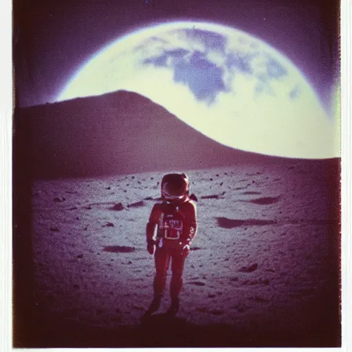 Image similar to vintage polaroid of barbarella on the surface of the moon landing, detailed clouds, warm azure tones, red color bleed, film grain