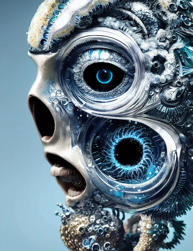 Image similar to eye of god macro close - up portrait with mask made of ram skull. betta fish, jellyfish phoenix, plasma, ice, water, wind, creature, super intricate ornaments artwork by tooth wu and wlop and beeple and greg rutkowski