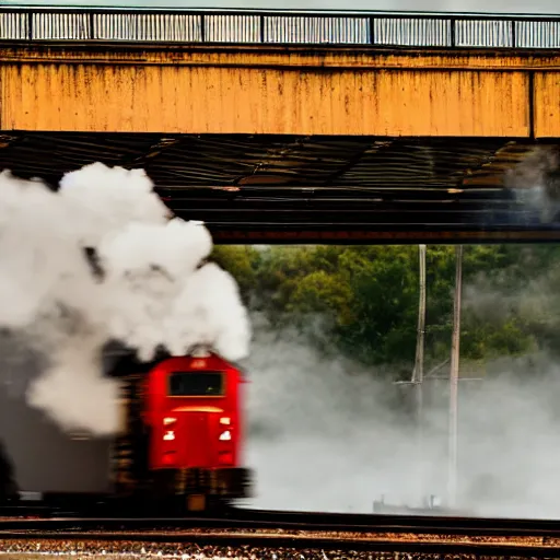 Image similar to train with steam locomotive leaving the station, dramatic cinematic angle and lighting, low key slow shutter