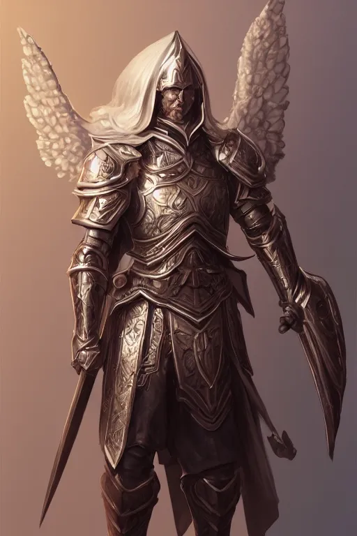 Prompt: Full body view of Magical Knight, holy armor, angel themed, male, ornamental, highly detailed, smooth, shrap focus, matte painting, by Albert Aublet, Krenz Cushart, WLOP and Sakimichan, artstation