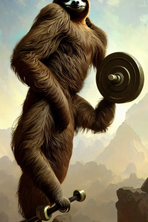 Image similar to anthro sloth lifting weights, dim dingy gym, dynamic pose, fantasy, intricate, elegant, highly detailed, digital painting, artstation, concept art, matte, sharp focus, illustration, art by artgerm and greg rutkowski and alphonse mucha