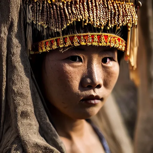 Prompt: A female ancient asian tribal princess, (EOS 5DS R, ISO100, f/8, 1/125, 84mm, postprocessed, crisp face, facial features)