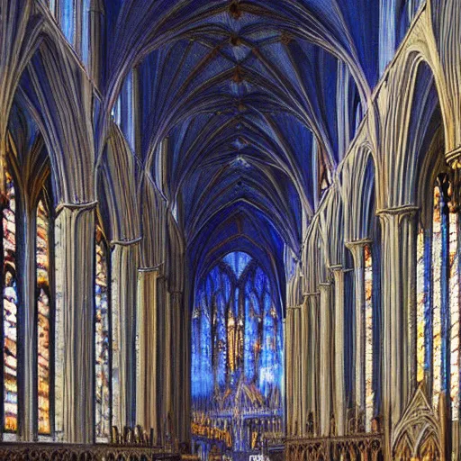 Prompt: detailed painting of interior of gothic church reims cathedral with celestial ephemeral paintings and gothic architecture and blue hammock at far end, artstation, cinematic