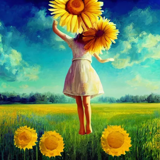 Prompt: head made of giant daisies, smiling girl standing barefoot in a vast flower field, arms outstretched, surreal photography, sunrise dramatic light, impressionist painting, colorful clouds, large sky, digital painting, artstation, simon stalenhag, flower face