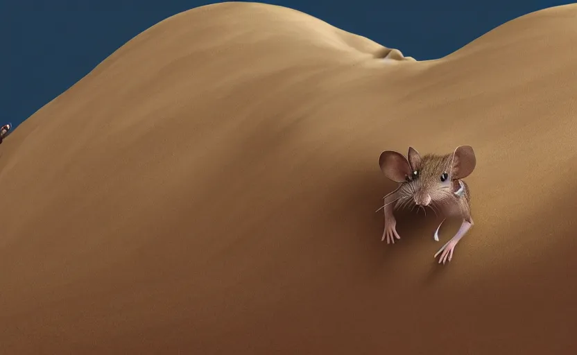 Prompt: scifi concept art, a small desert mouse riding on the back of the giant sandworm, macro focus, pixar animation