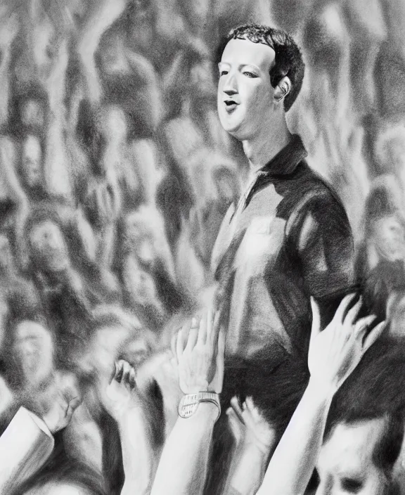 Prompt: a detailed pencil drawing of mark zuckerberg holding a presidential rally