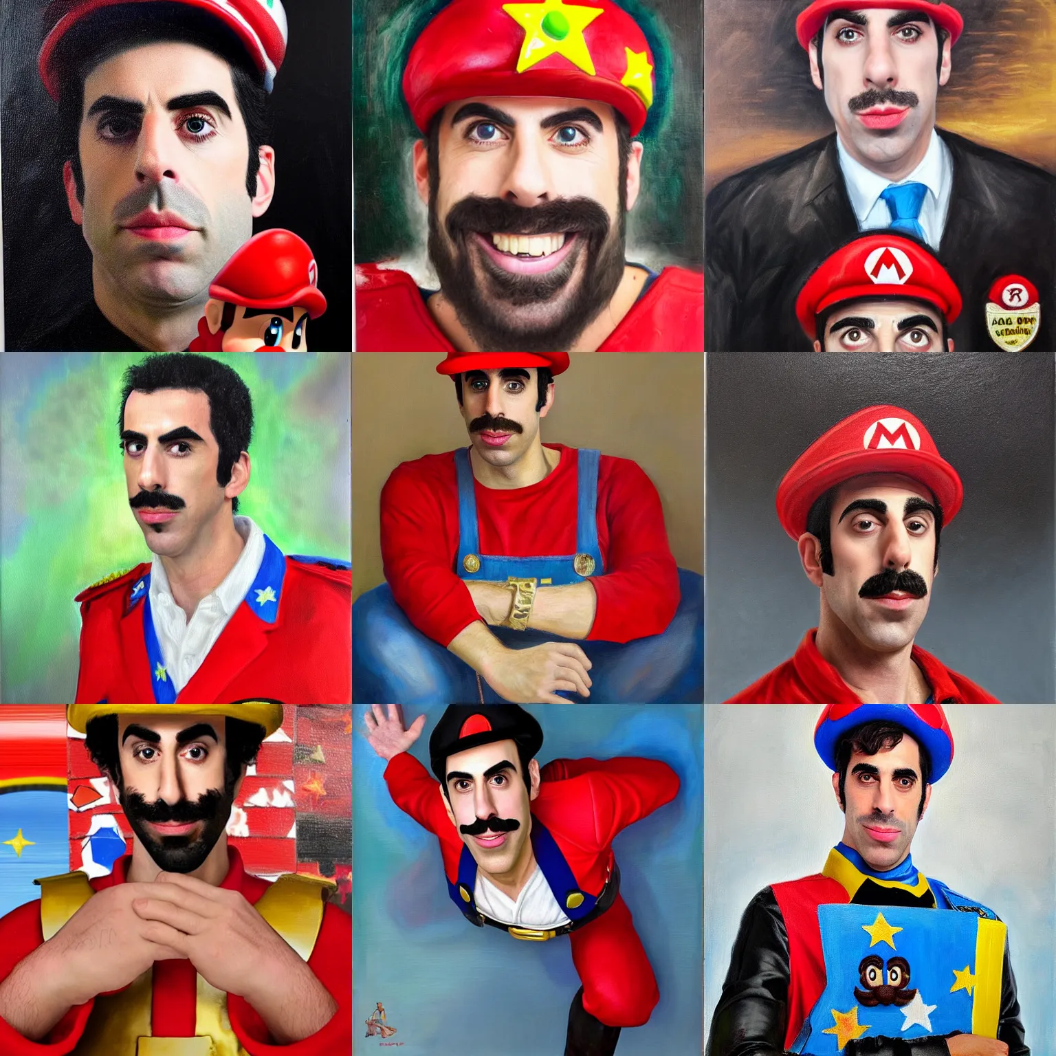 Prompt: portrait of sacha baron cohen as mario, realistic oil painting