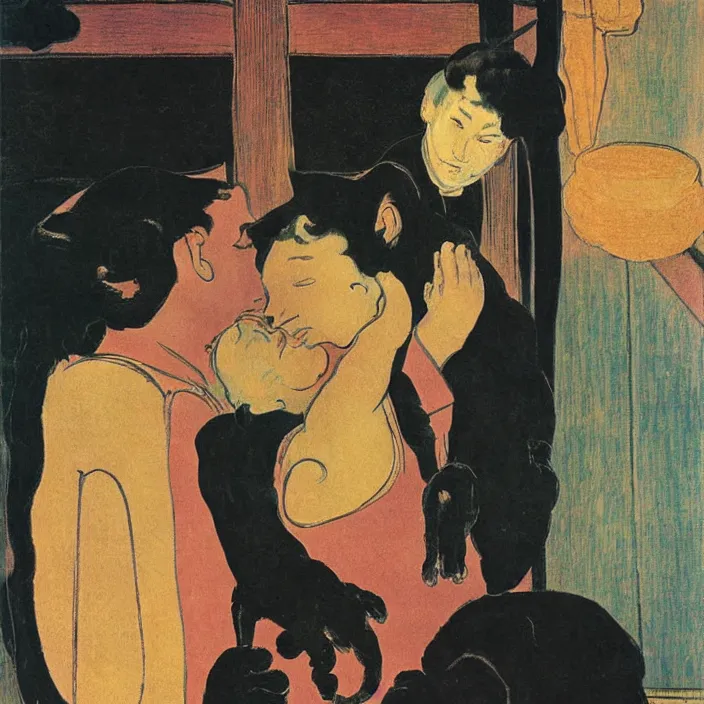 Image similar to couple under a baldachin. iridescent colors, fuzzy black cat. henri de toulouse - lautrec, utamaro, matisse, rene magritte