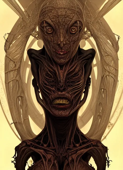 Prompt: symmetry!! portrait of grotesque alien, sci - fi horror, intricate, body horror, dark design, highly detailed, dark dynamic lighting, digital art, digital painting, artstation, smooth, sharp focus, illustration, art by artgerm and h r giger and greg rutkowski and alphonse mucha, 8 k