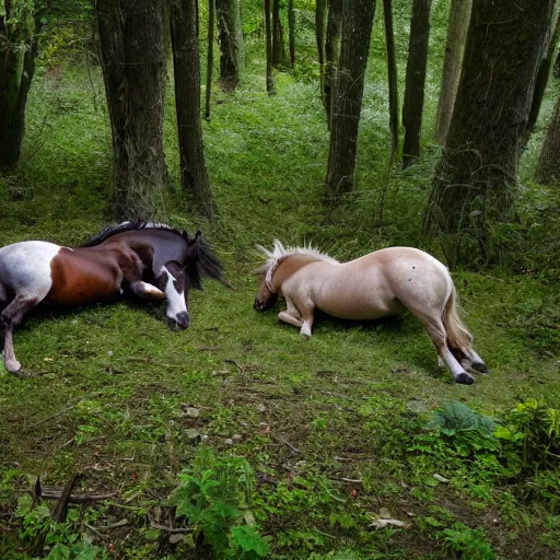 Image similar to two dead horses with some arrows on their body, lying on the woods path, dense thickets on each side, photo, 8 k