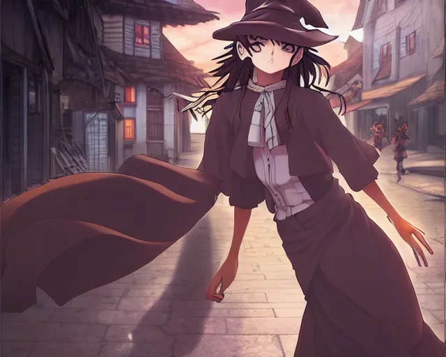 Image similar to key anime visual portrait of a young female witch walking through a busy village, dynamic pose, dynamic perspective, cinematic, dramatic lighting, muted colors, detailed silhouette, textured, finely detailed eyes, anime proportions, anmi, murata range, kentaro miura