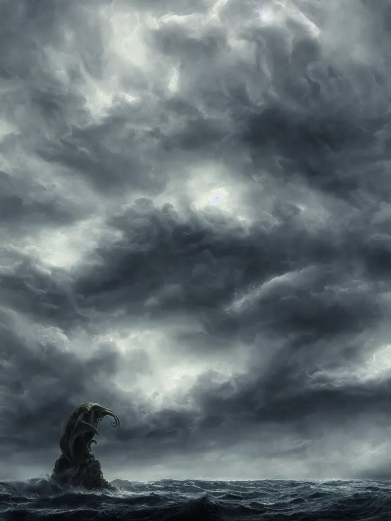 Prompt: Cthulhu rising from a stormy sea, towering over the coastline during a thunderstorm, dramatic, ominous clouds, ground mist, featured on artstation, 4k