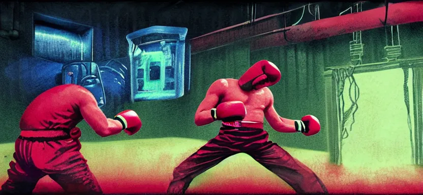 Prompt: handmade illustration of a boxing match in an industrial room, line art, octane render with volumetric lighting, miniatures by wes anderson, cedric peyraavernay, waste processing machinery, bladerunner, green and red radioactive swamp, by Remedios Varo and Anato Finnstark and Greg Rutkowski, dayglo pink, dayglo blue, by Craig Mullins, ilya kuvshinov, krenz cushart, artgerm, 8k, trending on ArtStation