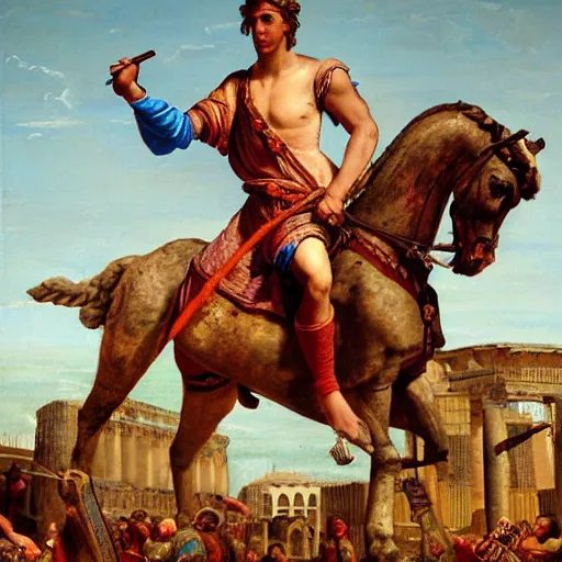 Image similar to Jerma985 in Ancient Rome, detailed, highly detailed, heroic, epic, complex, very detailed, realistic, HD quality, 8k resolution, body and headshot, Oil Painting, Italian Renaissance Painting of Jerma985, Italian Renaissance Painting Style, Renaissance Painting Style, Painting, Trending on Artstation