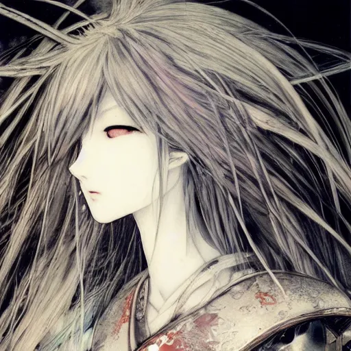 Image similar to Yoshitaka Amano blurred and dreamy illustration of an anime girl with wavy white hair fluttering in the wind and cracks on her face wearing elden ring armour with the cloak, abstract black and white patterns on the background, noisy film grain effect, highly detailed, Renaissance oil painting, weird portrait angle