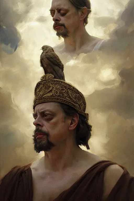 Image similar to beautiful oil painting portrait of ancient roman god emperor steve buscemi wearing the civic crown levitating and ascending religious pose, ascension, art by anders zorn, wonderful masterpiece by greg rutkowski, expressive brush strokes, beautiful cinematic light, american romanticism by greg manchess, jessica rossier