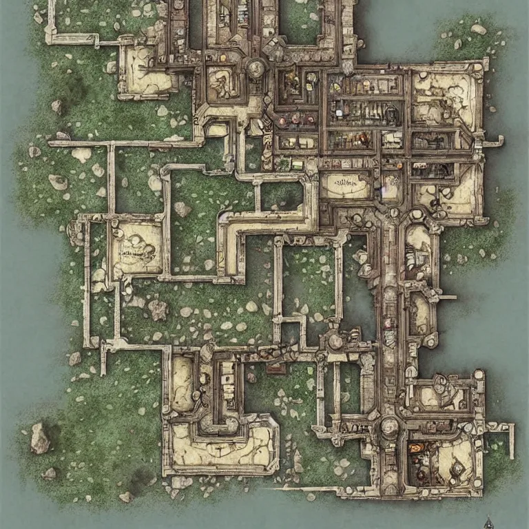 Image similar to full - color fantasy floor plan map of a dungeon, d & d, pathfinder, by greg rutkowski, trending on artstation, pinterest