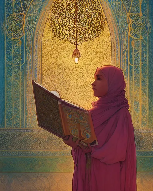 Prompt: a faceless bedouin child infront of a big open quran highly detailed, gold filigree, romantic storybook fantasy, soft cinematic lighting, award, disney concept art watercolor illustration by mandy jurgens and alphonse mucha and alena aenami, pastel color palette, featured on artstation