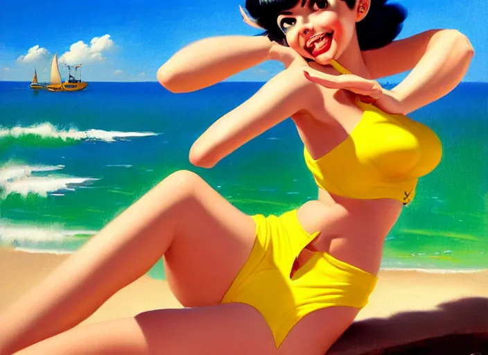 Image similar to the style of the artist gil elvgren, a girl with black hair, overwatch tracer, with a very beautiful symmetrical face, a smile on her face, tanned skin, in a yellow bikini, against the background of a sea beach, in art style, high detail, digital painting, hyperrealism