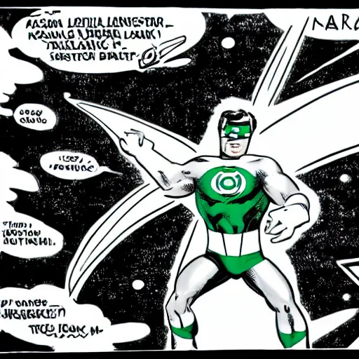 Image similar to comic Green Lantern in black and white uniform in space flying infront of the moon,