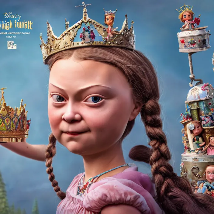 Image similar to highly detailed closeup, face profile portrait of greta thunberg as a tin toy fairytale princess wearing a crown eating cakes, bikini, unreal engine, nicoletta ceccoli, mark ryden, earl norem, lostfish, global illumination, detailed and intricate environment