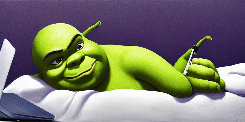 Image similar to A beautiful painting of Shrek laying on his white bed with a laptop on his chest