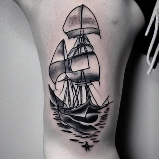 Image similar to a pirate ship sailing in the sea, realism tattoo design, amazing shades, clean white paper background, in the style of Matteo Pasqualin